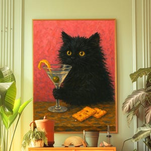 レトロな黒猫のマティーニウォールアートバーカートの装飾カクテルアートバーの装飾ヴィンテージ油絵黒猫のプリント折衷的なウォールアートかわいい猫のアート