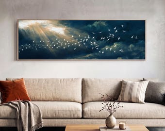 Long Narrow Art, Cloud Print, Bird Poster, Navy Blue Decor, Bird Flock Art, Trendy Funky Wall Art, Indie Room Decor, Horizontal Panoramic