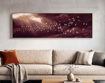 Long Narrow Art, Cloud Print, Bird Poster, Burgundy Decor, Bird Flock Art, Trendy Funky Wall Art, Indie Room Decor, Horizontal Panoramic