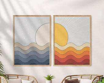 Sun and Moon Wall Art: 70s Retro Decor Prints (Set of 2)