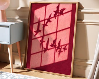 Bird Flock Shadow Poster, Bird Print, Pink Wall Art, Abstract Print, Maximalist Design, Red Poster, Preppy Decor, Y2K Dopamine Decor