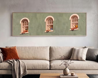 Long Narrow Art, Green Woman Reading Print, Sage Wall Art, Book Lover Gifts, Minimalist Decor, Dopamine Decor, Horizontal Panoramic