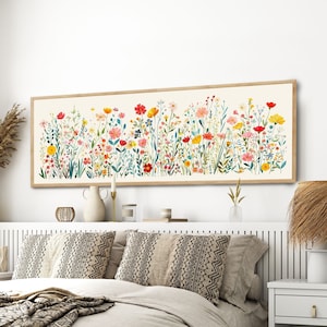 Lange schmale Blumenwandkunst, lebendige Farbwandkunst, modernes Blumenplakat der Mitte des Jahrhunderts, abstrakte botanische, lange horizontale Kunst, breiter Kunstdruck