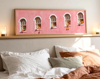 Long Narrow Art, Beige Woman Reading Print, Pink Wall Art, Book Lover Gifts, Minimalist Decor, Dopamine Decor, Horizontal Panoramic