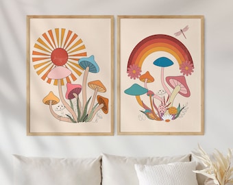 70s Mushroom Wall Art Set: Retro Sun, Moon, Boho Prints (Digital Download)