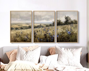 3-delige print muurkunst set, landschap muurkunst wilde bloemen veld olieverfschilderij grote muur kunst print, landschap muur decor vintage kunst