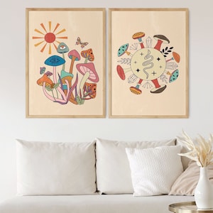 Mushroom Decor,70s Wall Art Set of 2, Retro 70s Home Decor,  Mushroom Art,  Bedroom Wall Art, 60s, Boho Prints, Bohemian Wall Art