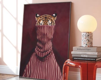 Surreal Tiger Print, Burgundy Wall Art, Maximalist Eclectic Decor, Framed Wall Art, Dark Academia Anthropomorphic Animal Poster