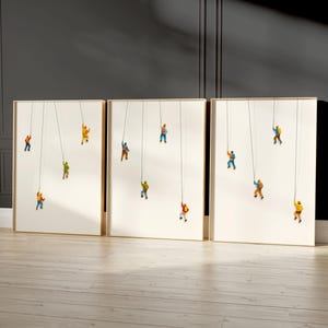 Piccoli scalatori, set di 3, arte murale raffigurante persone in miniatura, belle arti minimaliste, belle arti semplici, arredamento neutro per la casa, arte murale retrò