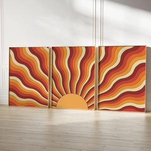 Arte de pared de sol, conjunto de 3 piezas de los años 70, decoración de terracota, decoración de los años 70, decoración vintage para el hogar, decoración retro para el hogar, impresiones vintage, arte de pared de los años 60