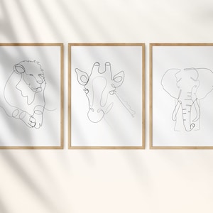 Minimalistischer Print-Kunstdruck, Kinderzimmer-Wanddekor, Elefant-Wanddekor, Löwe-Wandkunstdruck, durchgehende Linie Kunst, Schwarz-Weiß-Wohnkultur