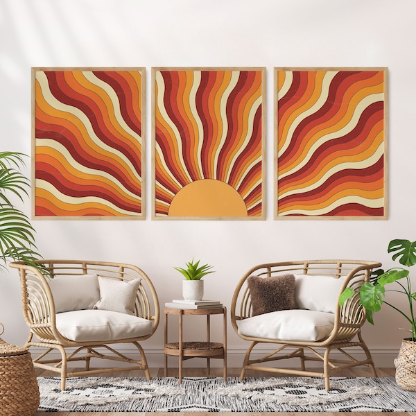 Sun Wall Art, 70s Set of 3 Wall Art, Terracotta Decor,  70s Decor, Vintage Home Decor,  Retro Home Decor, Vintage Prints, 60s wall art