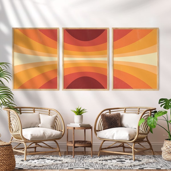 Conjunto de 3 arte de pared de los años 70, impresión groovy de los años 70, póster naranja quemado, decoración de los años 70, decoración del hogar vintage, decoración del hogar retro, impresiones vintage, arte de pared de los años 60