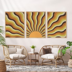 Sun Wall Art, 70s Set of 3 Wall Art, Terracotta Decor 70s Decor, Vintage Home Decor,  Retro Home Decor, Vintage Prints, 60s wall art