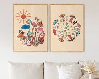Set de impresiones de hongos retro: Arte mural bohemio de los años 70 (descarga digital)