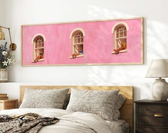 Long Narrow Art, Beige Woman Reading Print, Pink Wall Art, Book Lover Gifts, Minimalist Decor, Dopamine Decor, Horizontal Panoramic