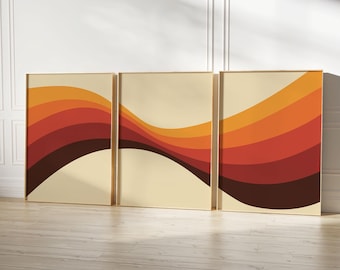 Retro Wavy Poster, 70s Set of 3 Wall Art, 70s Groovy Print, Burnt Orange Poster, 70s Decor, Vintage Home Decor, Retro Home Decor