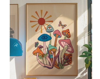 Retro Mushroom Wall Art: 70s Hippie Decor (Digital Download)