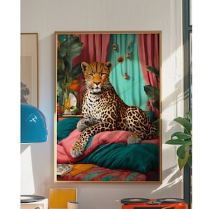 Retrato vintage, póster de leopardo, decoración retro de los años 70, decoración de leopardo moderna, estampado de leopardo maximalista, decoración de dopamina, arte mural moderno