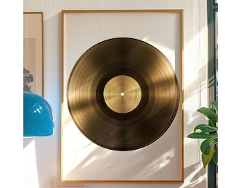 May include: A gold record framed in a gold frame, hanging on a white wall. The record is on a turntable with a red base. There are other records on a shelf below the turntable.