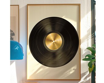 May include: A framed print of a gold record with a black vinyl record in the background. The record is displayed on a wall in a room with a record player and other records on a shelf below.