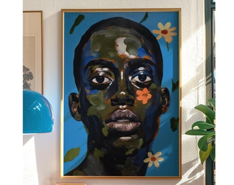 May include: A framed painting of a person's face with green and blue paint on their skin. The background is blue with flowers and leaves.