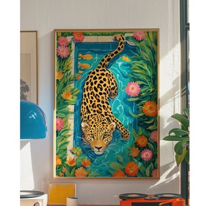 Estampado de leopardo maximalista, decoración de baño, póster de leopardo, decoración retro de los años 70, decoración de leopardo de moda, decoración de dopamina, arte mural de moda