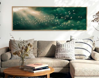 Long Narrow Art, Cloud Print, Bird Poster, Emerald Green Decor, Bird Flock Art, Trendy Funky Wall Art, Indie Decor, Horizontal Panoramic