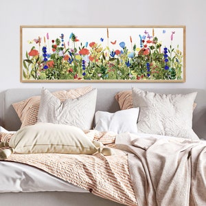 Lange schmale Blumenwandkunst, lebendige Farbwandkunst, modernes Blumenplakat der Mitte des Jahrhunderts, abstrakte botanische, lange horizontale Kunst, breiter Kunstdruck