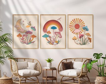 70s Mushroom Wall Art Set: Retro Sun, Moon, Boho Prints