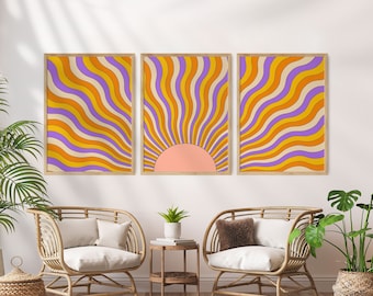 70s Sun Wall Art Set: Groovy Psychedelic Prints