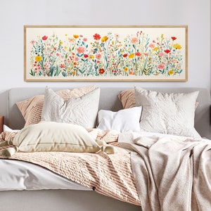 Lange schmale Blumenwandkunst, lebendige Farbwandkunst, modernes Blumenplakat der Mitte des Jahrhunderts, abstrakte botanische, lange horizontale Kunst, breiter Kunstdruck