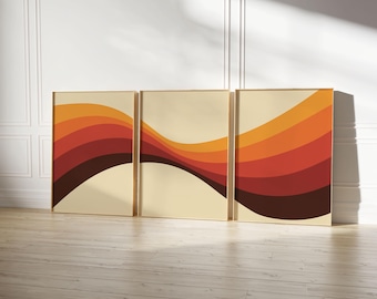 70s Retro Wavy Wall Art Set of 3: Burnt Orange Groovy Prints