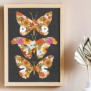 70s Home Decor, Butterfly Print, Floral Wall Art,  70s Decor, Retro 70s Wall Art, Retro Home Decor, Vintage Poster, Wall Art