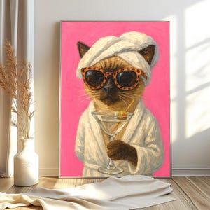 レトロなシャム猫のマティーニウォールアートバーカートの装飾カクテルアートバーの装飾ヴィンテージ油絵猫のプリント折衷的なウォールアートかわいい猫のアート