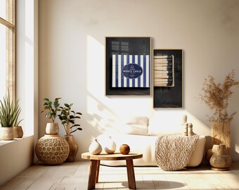 Vintage Monte Carlo Matchbox Print Set: Navy Blue Travel Poster