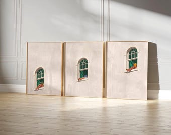 Beige Woman Reading Print, Tryptic Wall Art, Beige Wall Art, Book Lover Gifts, Minimalist Decor, Dopamine Decor, Emerald Green Print