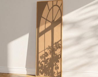 Beige Window Shadow Art Print, Tall Vertical Wall Art, Neutral Botanical Silhouette Poster, Narrow Minimalist Decor