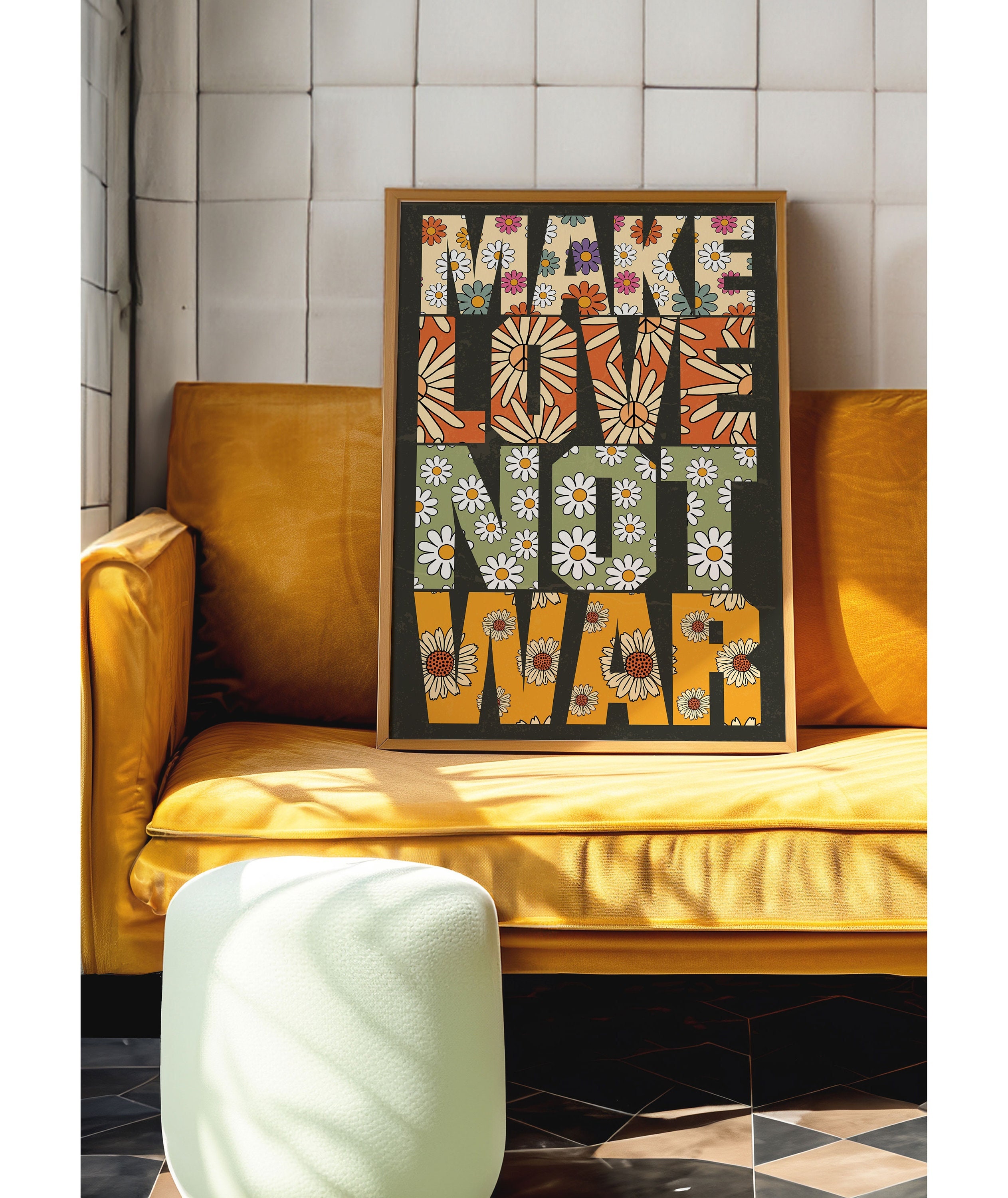 70s Floral 'make Love Not War' Print: Retro Boho Wall Art - Etsy