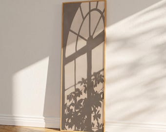 Long Vertical Wall Art, Narrow Framed Print, Tall Canvas Wall Decor, Window Shadow Botanical Poster, Minimalist Beige Boho Decor, Panoramic