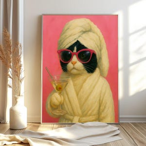 レトロなタキシード猫マティーニウォールアートバーカート装飾カクテルアートバー装飾ヴィンテージ油絵黒猫プリントエクレクティックウォールアートかわいい猫アート