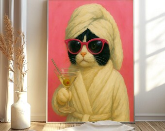 Retro Tuxedo Cat Martini Print: Vintage Bar Cart Art