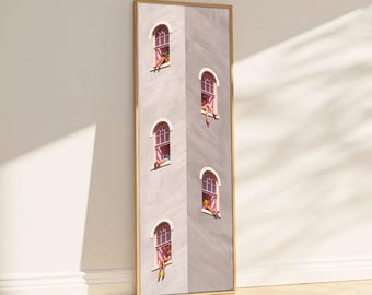 Long Narrow Art, Beige Woman Reading Print, Pink Wall Art, Book Lover Gifts, Minimalist Decor, Dopamine Decor, Horizontal Panoramic