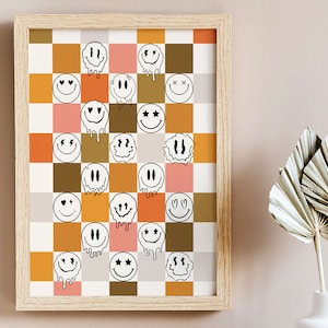 Smiley Face Wall Art, Checkered Wall Art, Melting Smiley Face, Retro 70s Home Decor, 70s Decor, Retro Home Decor,  Vintage Poster