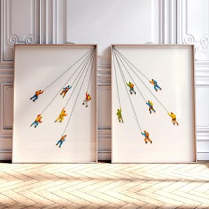 Piccoli scalatori, set di 2, arte murale raffigurante persone in miniatura, belle arti minimaliste, belle arti semplici, arredamento neutro per la casa, arte murale retrò