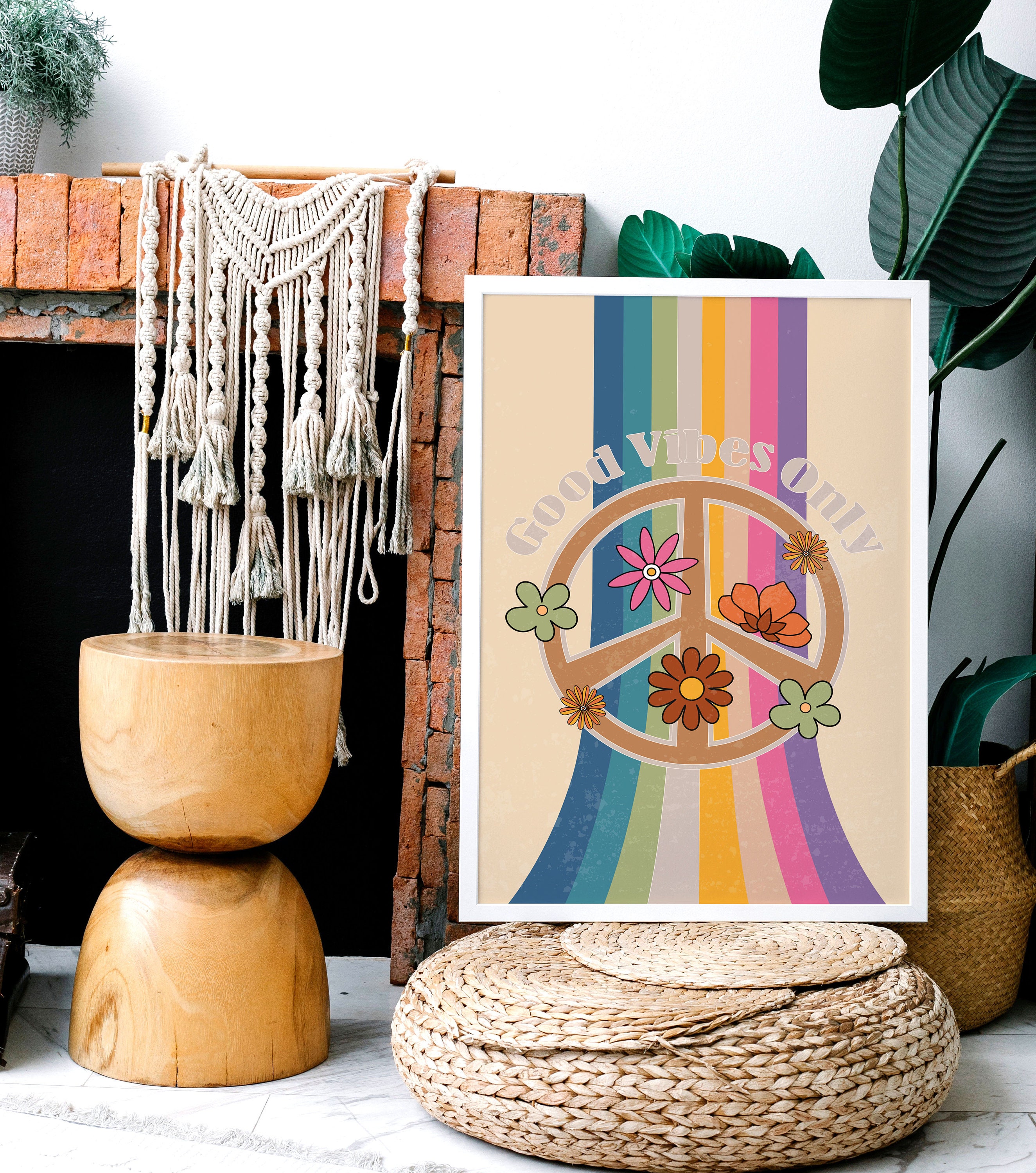 Retro 70s Floral Peace Sign Art Print: Boho Home Decor (digital ...