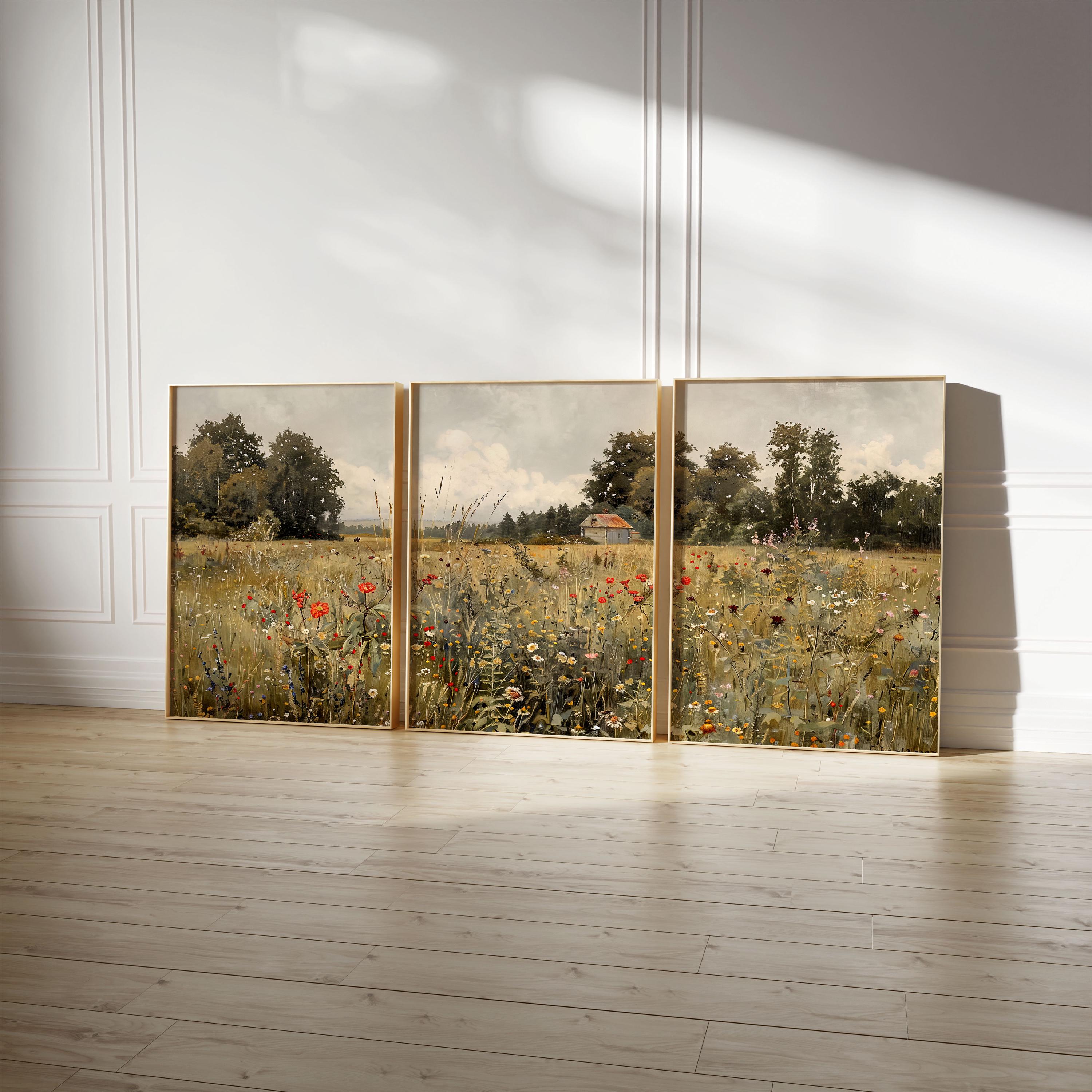 3 Piece Print Wall Art Set, Landscape Wall Art Wildflower Field Oil ...