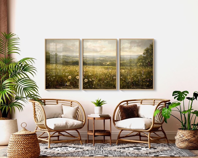 3 Piece Print Wall Art Set, Landscape Wall Art Wildflower Field Oil ...