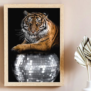 Tiger on Disco Ball Print: Trendy Funky Wall Art