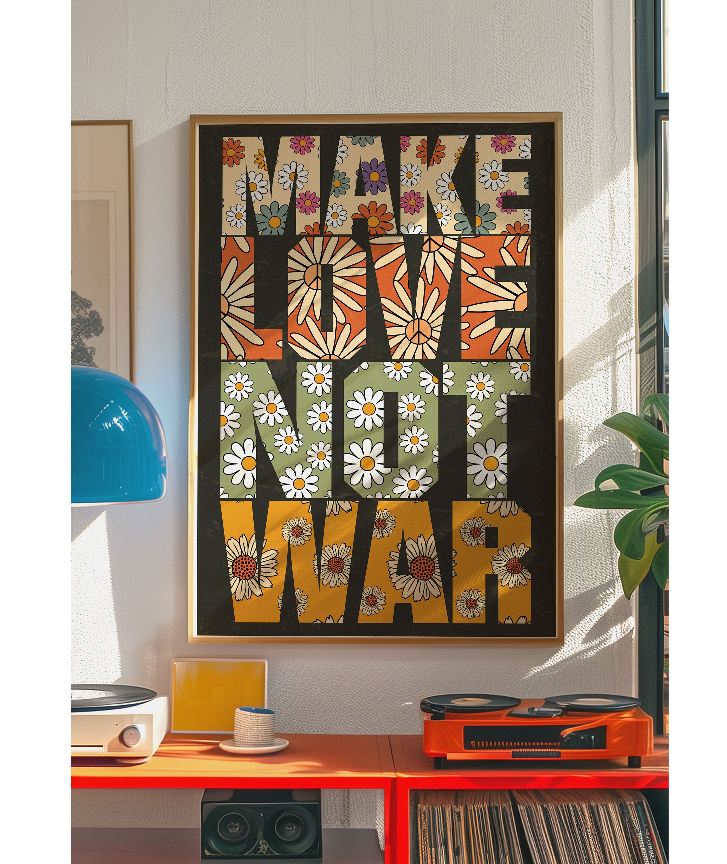 70s Floral 'make Love Not War' Print: Retro Boho Wall Art - Etsy